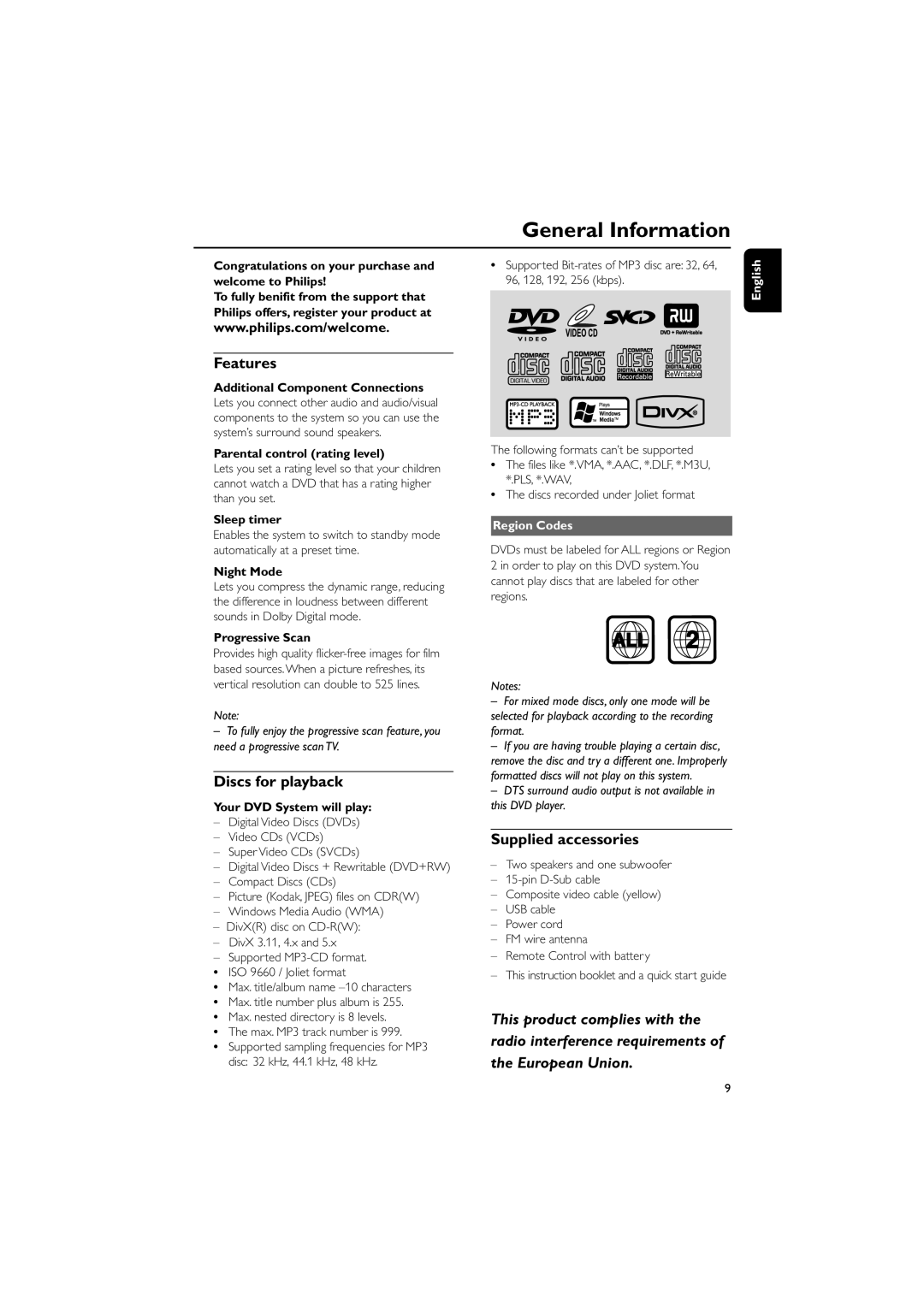 Philips MCD149/05 user manual General Information, Features, Discs for playback, Supplied accessories, Region Codes 