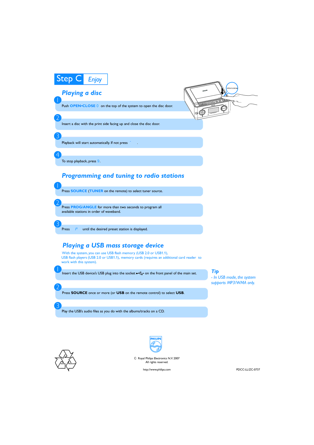 Philips MCD149/12 quick start Playing a disc, Programming and tuning to radio stations, Playing a USB mass storage device 
