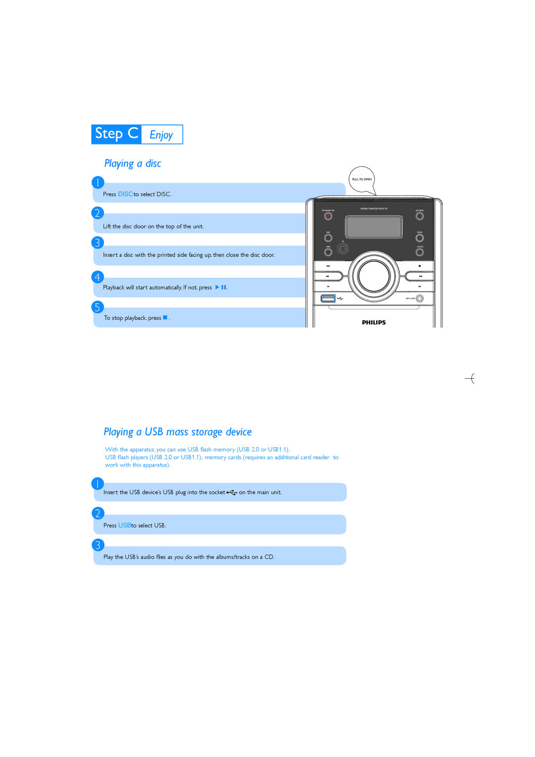 Philips MCD170/58 quick start Playing a disc, Playing a USB mass storage device 