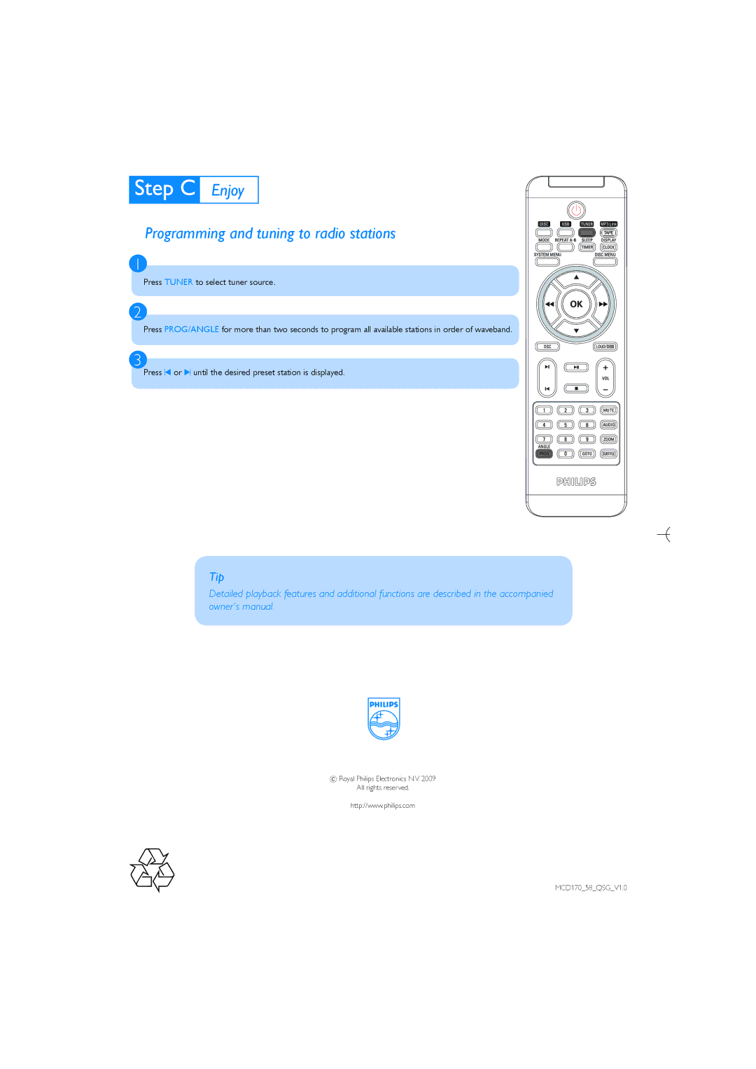 Philips MCD170/58 quick start Programming and tuning to radio stations 