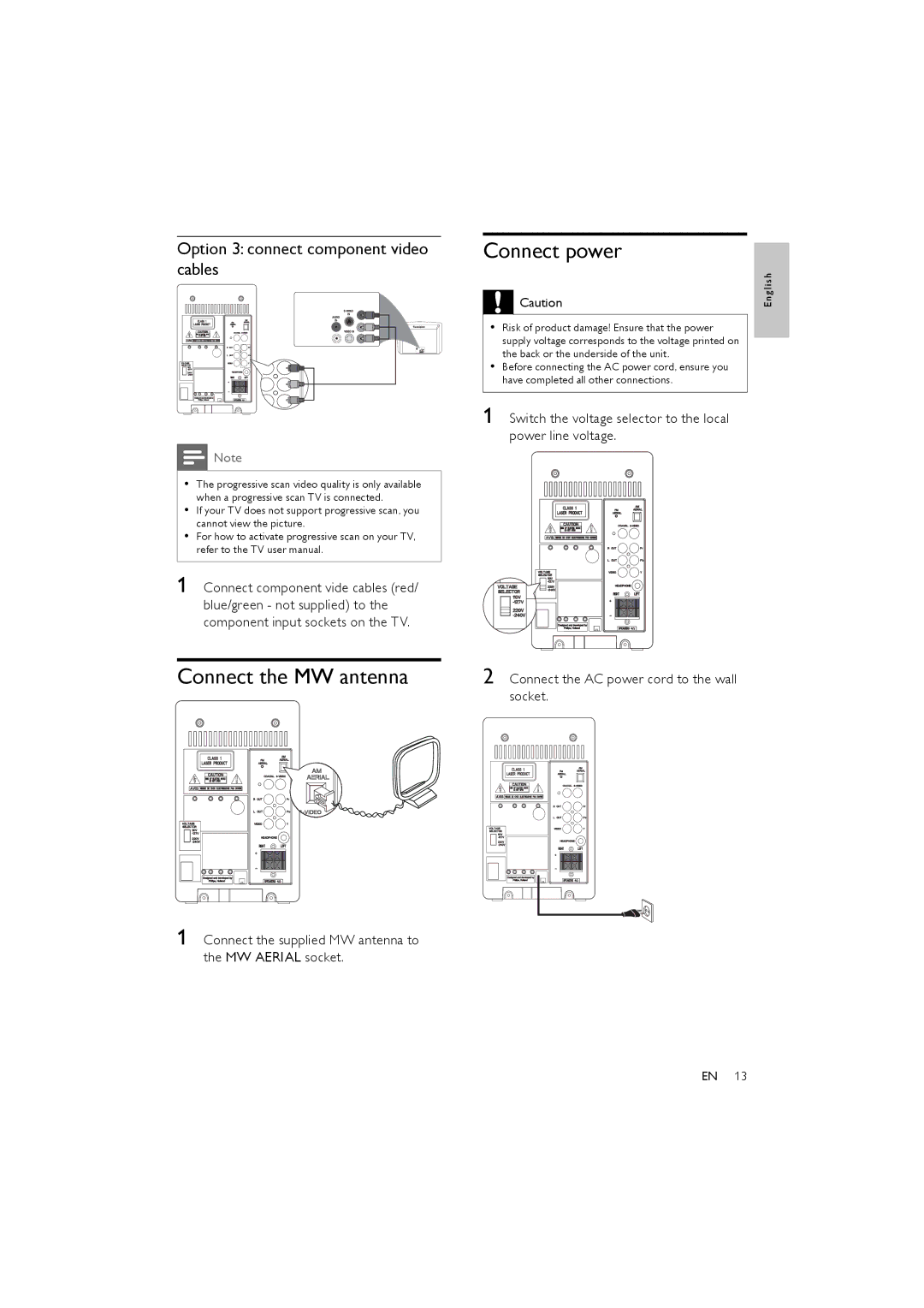 Philips MCD170/98 user manual Connect the MW antenna, Connect power, Option 3 connect component video cables 