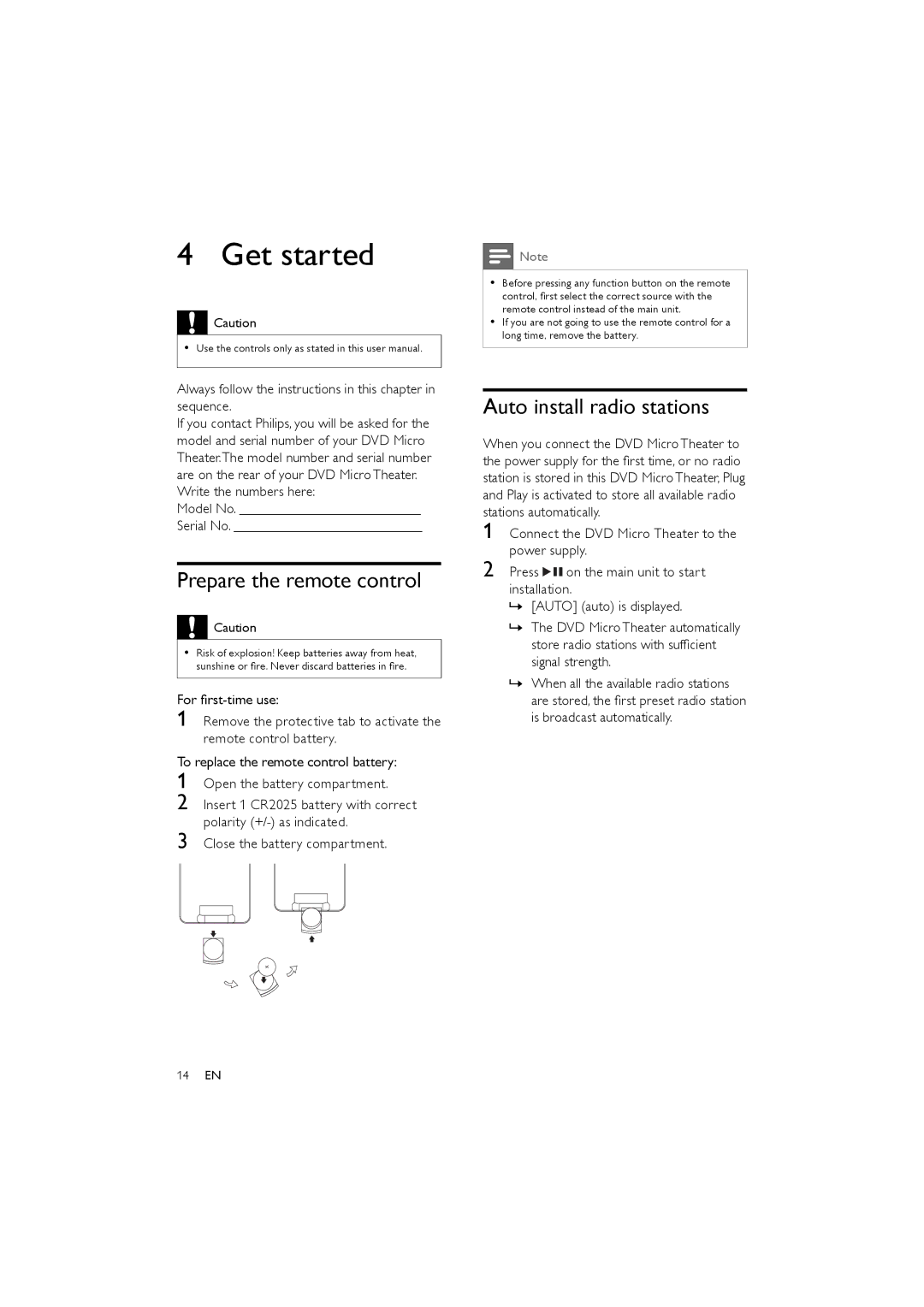 Philips MCD170/98 user manual Get started, Prepare the remote control, Auto install radio stations 