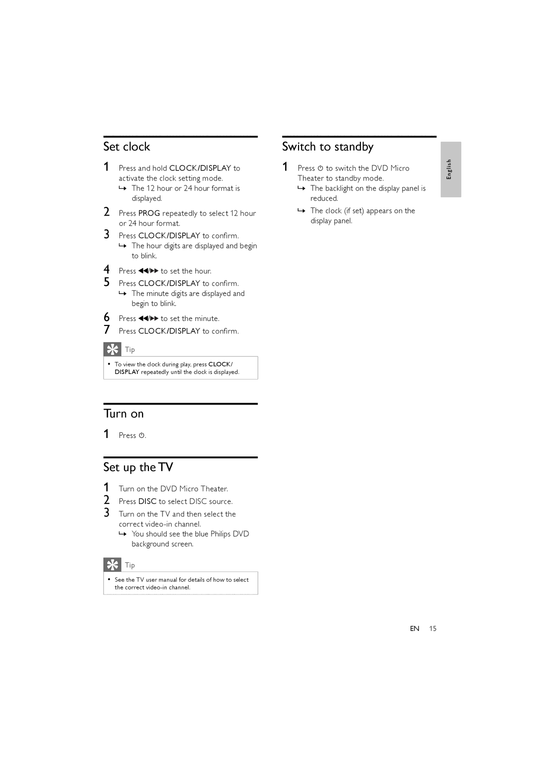 Philips MCD170/98 user manual Set clock, Turn on, Set up the TV, Switch to standby, Press 