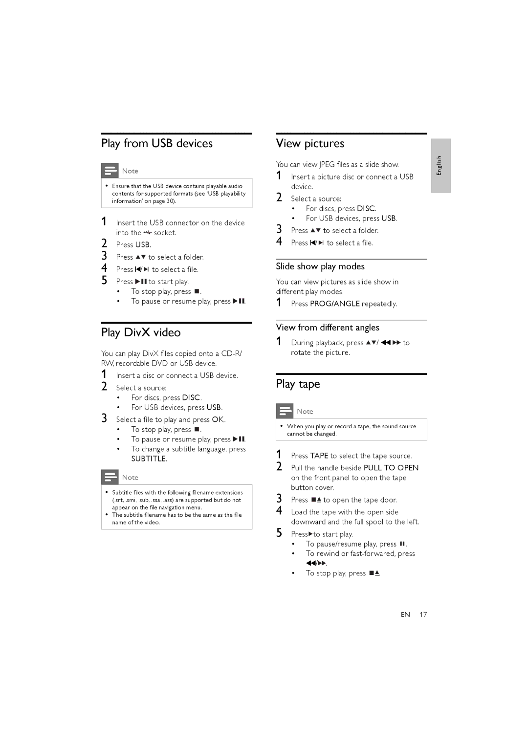 Philips MCD170/98 user manual Play from USB devices, Play DivX video, View pictures, Play tape 