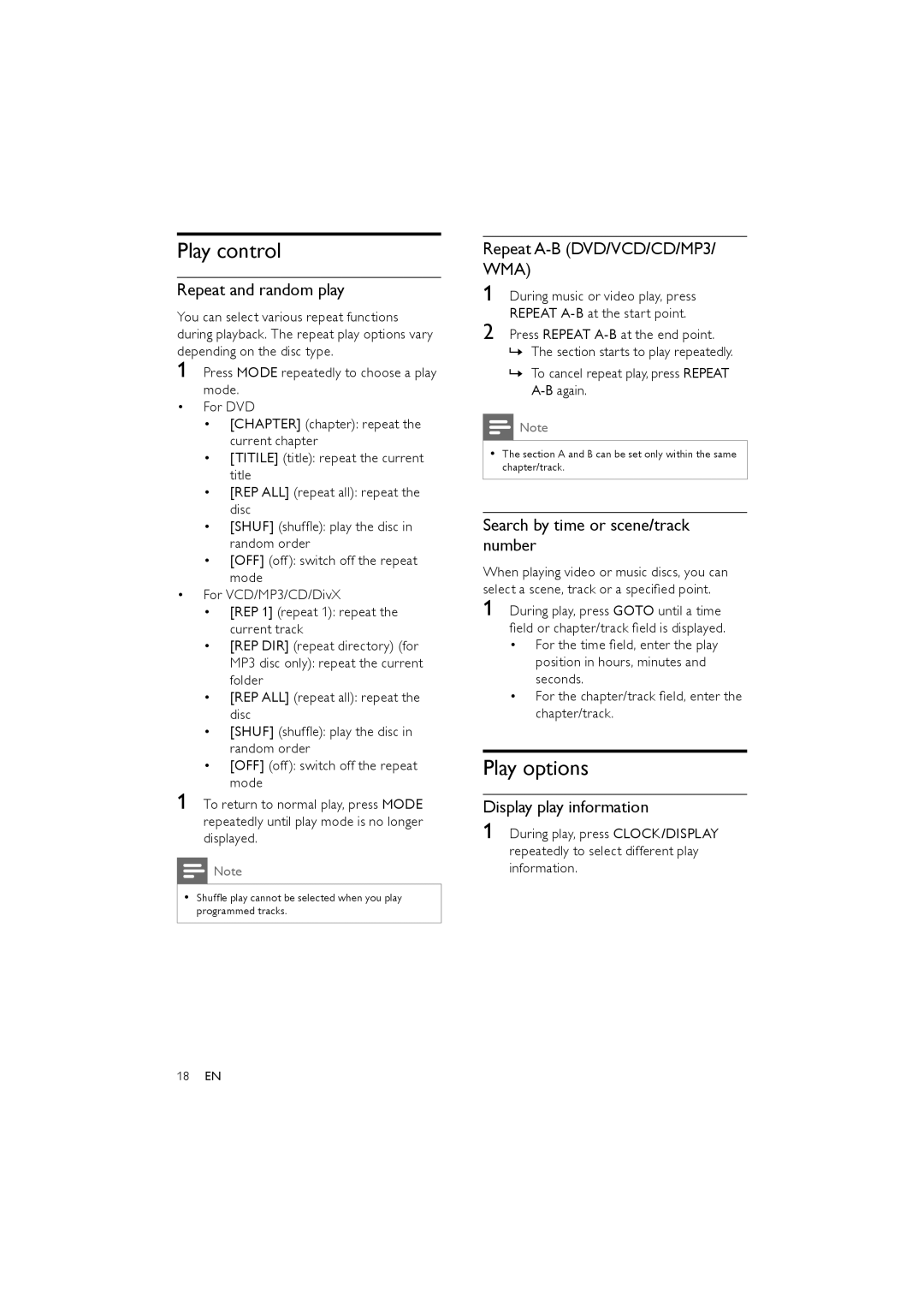 Philips MCD170/98 user manual Play control, Play options 