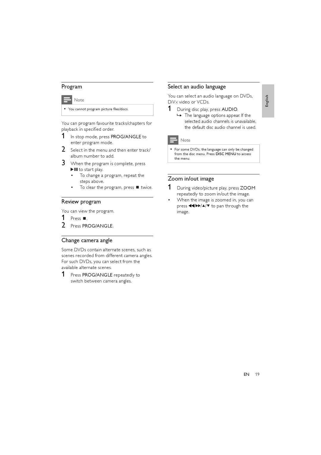 Philips MCD170/98 user manual Program, Review program, Change camera angle, Select an audio language, Zoom in/out image 