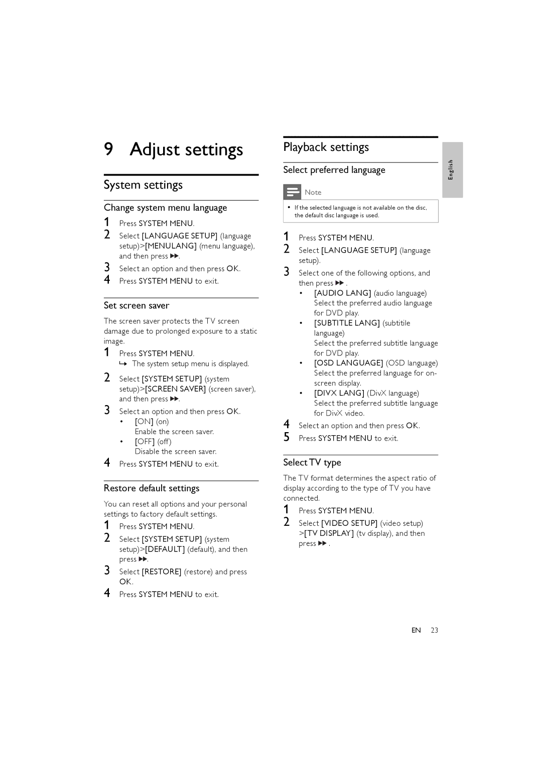 Philips MCD170/98 user manual Adjust settings, System settings, Playback settings 