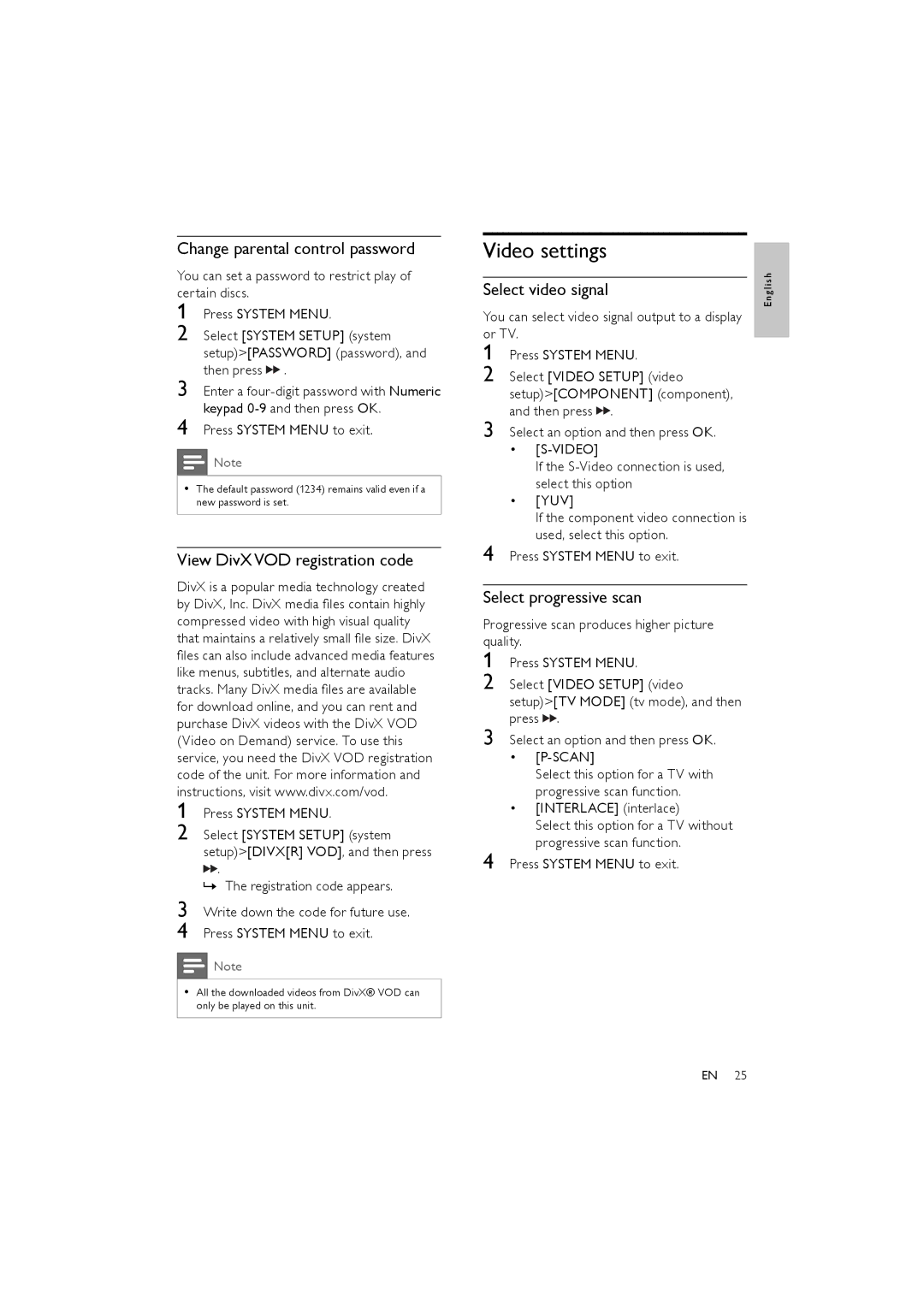 Philips MCD170/98 Video settings, Change parental control password, View DivX VOD registration code, Select video signal 