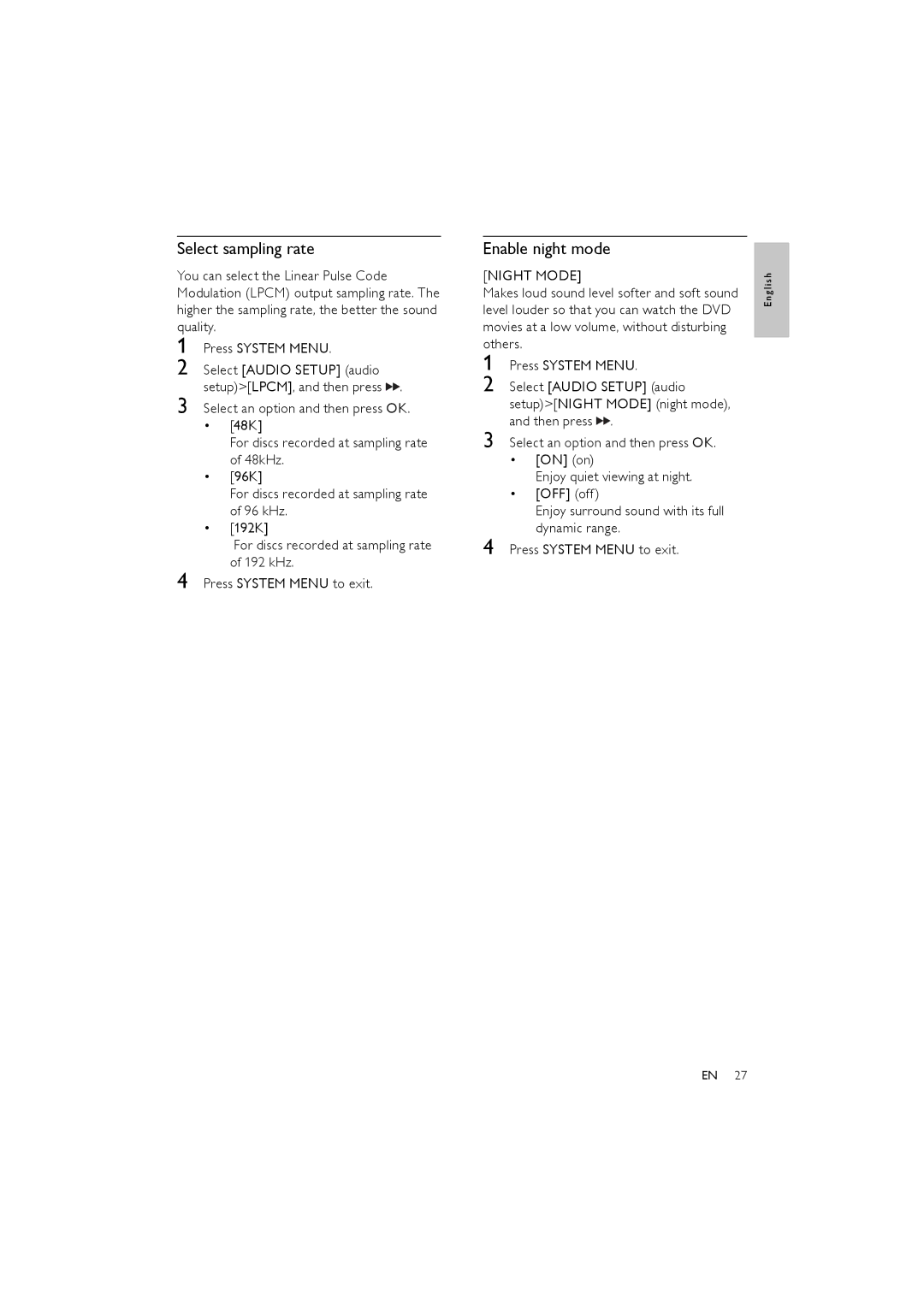 Philips MCD170/98 user manual Select sampling rate, Enable night mode, Night Mode 