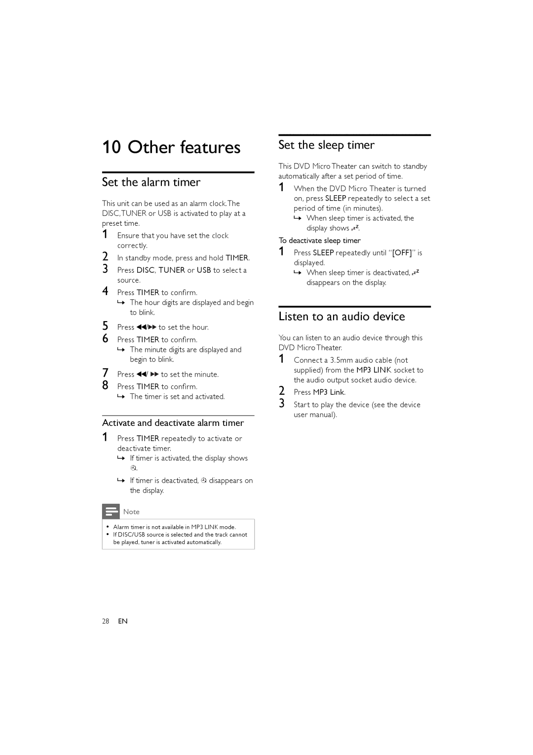 Philips MCD170/98 user manual Other features, Set the alarm timer, Set the sleep timer, Listen to an audio device 