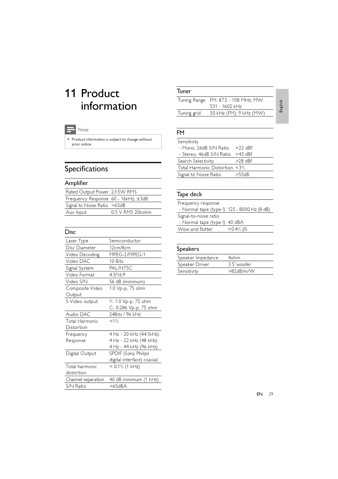 Philips MCD170/98 user manual Product information, Speciﬁcations 