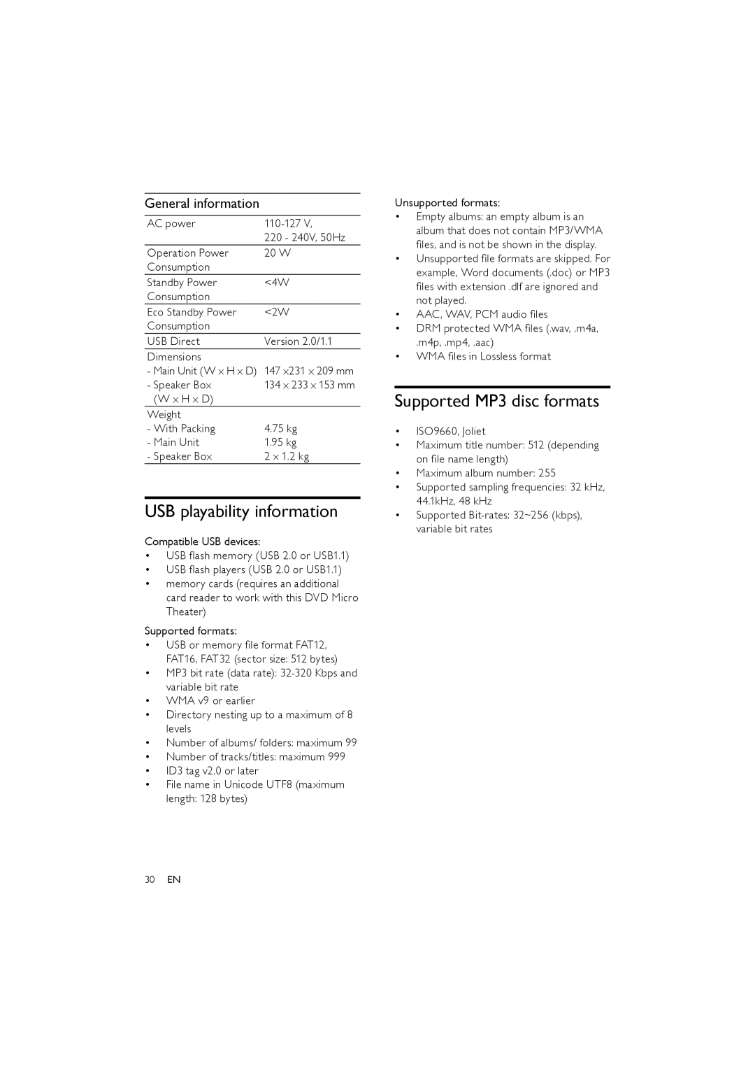 Philips MCD170/98 user manual USB playability information, Supported MP3 disc formats, General information 