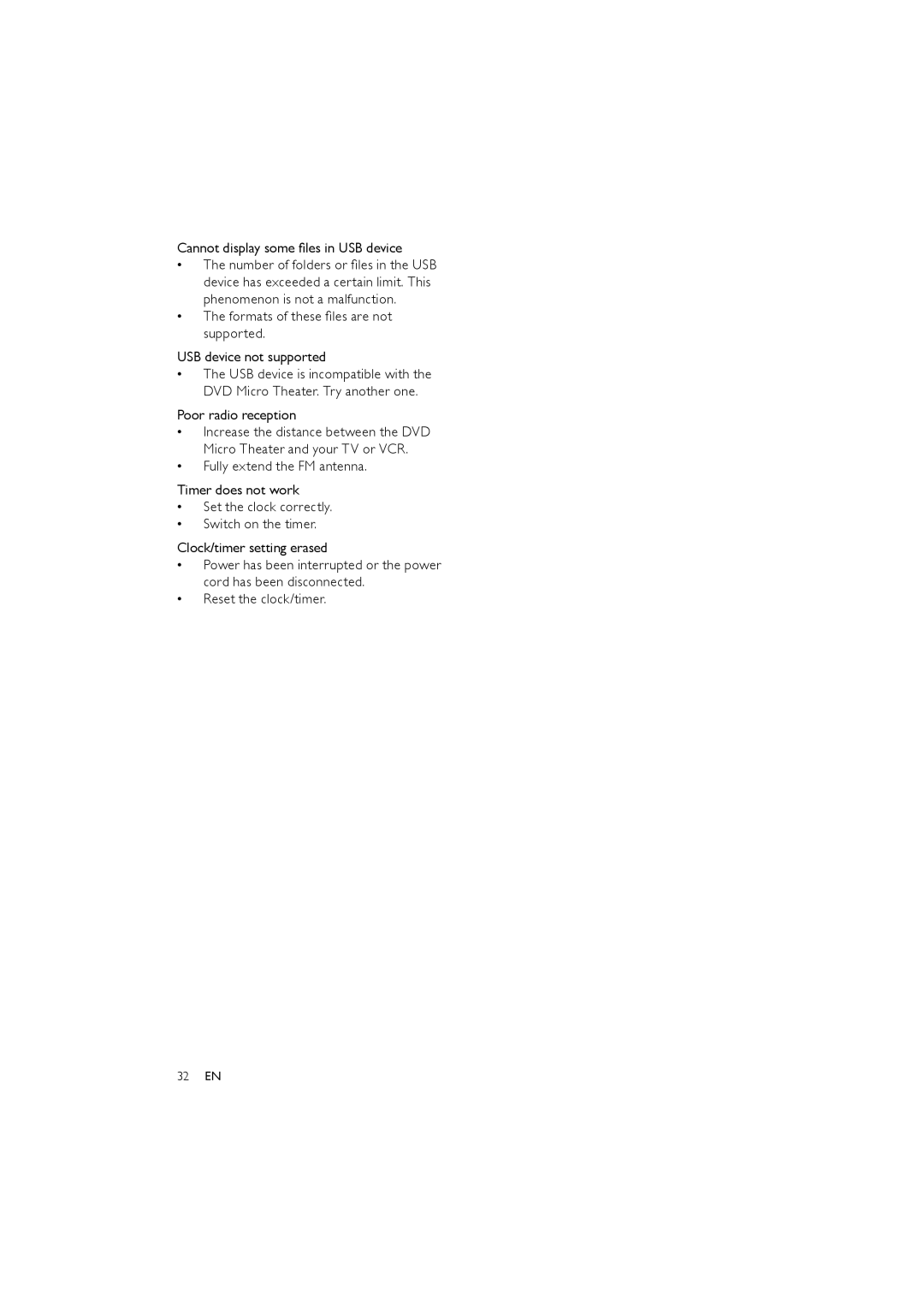 Philips MCD170/98 user manual Cannot display some ﬁles in USB device, Poor radio reception 