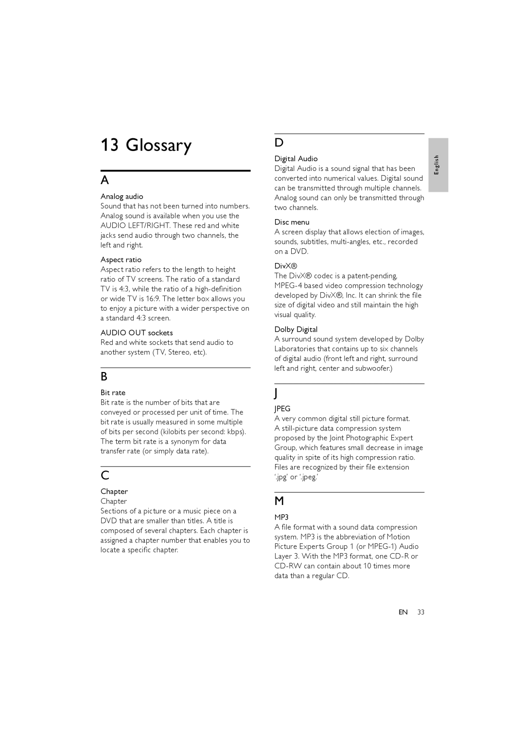 Philips MCD170/98 user manual Glossary, Jpeg, MP3 