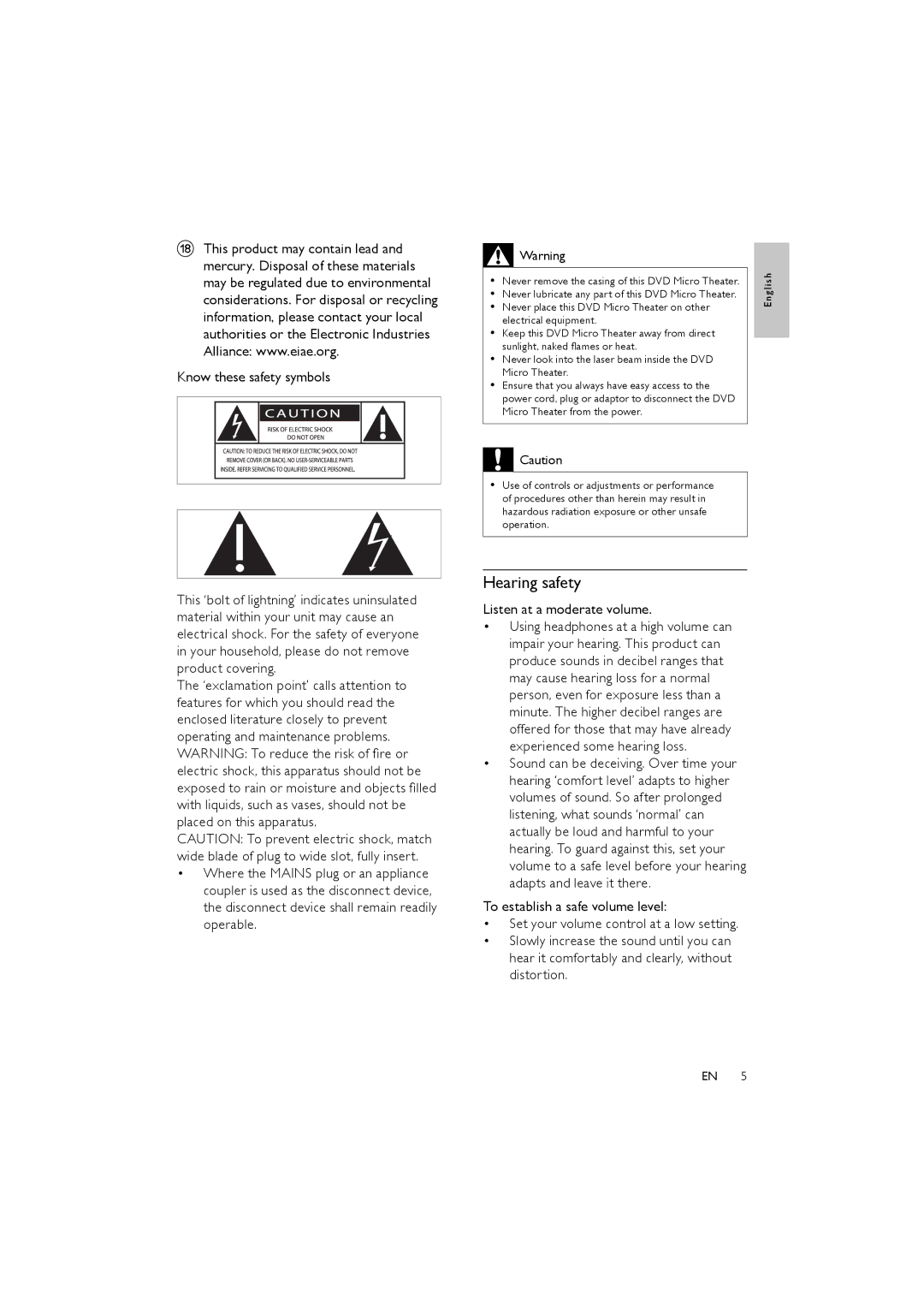 Philips MCD170/98 user manual Hearing safety, Know these safety symbols, Listen at a moderate volume 