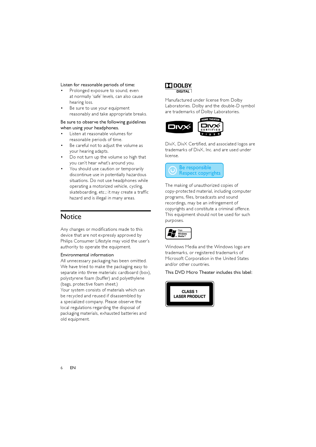 Philips MCD170/98 user manual Be careful not to adjust the volume as your hearing adapts, Environmental information 