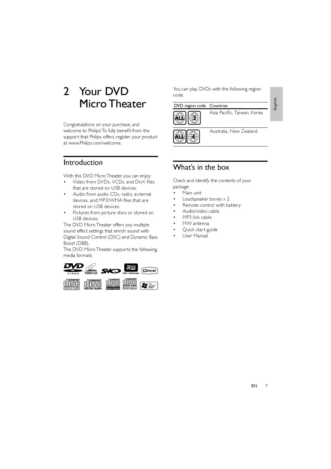 Philips MCD170/98 user manual Introduction, What’s in the box, You can play DVDs with the following region code 