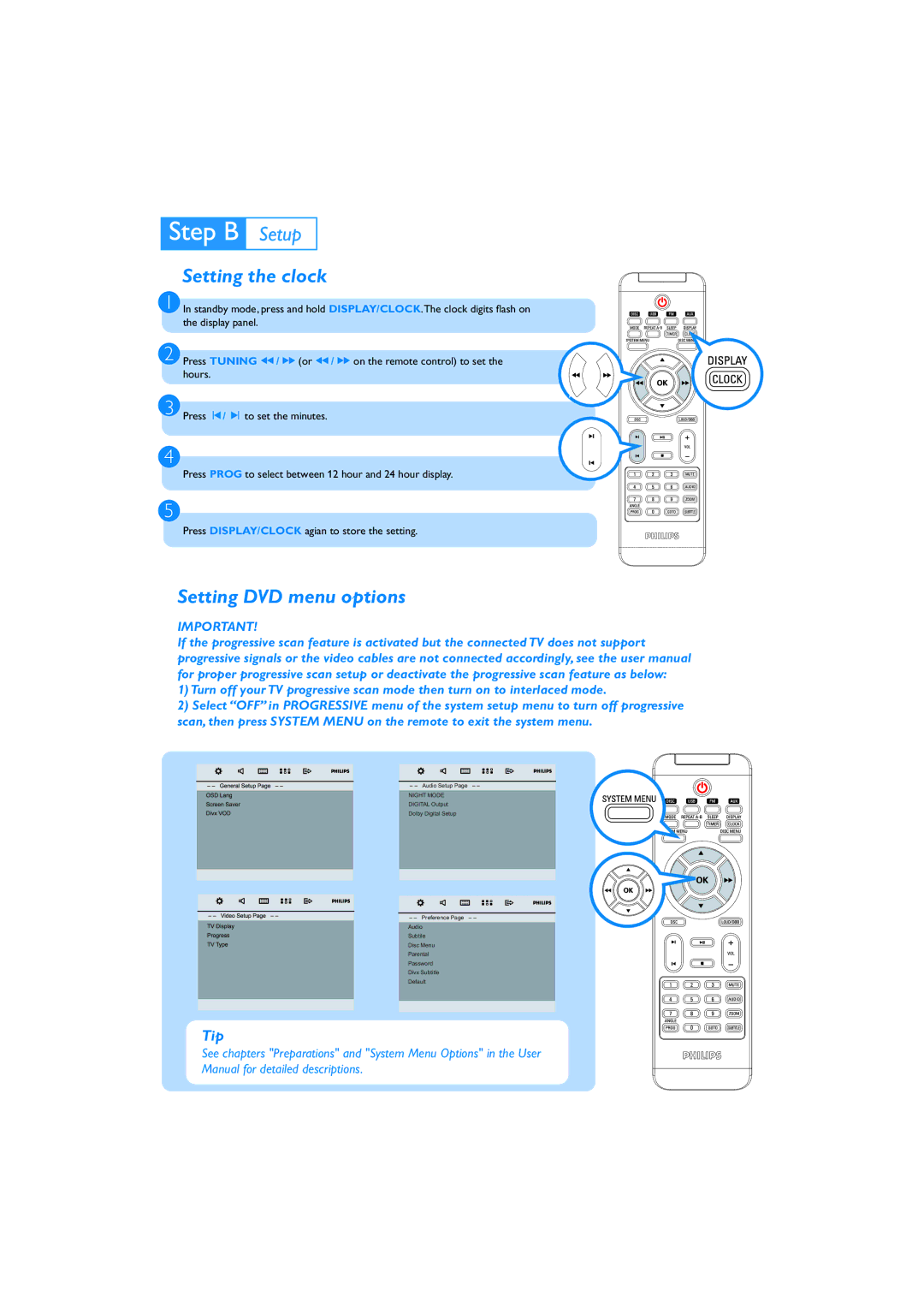 Philips MCD177 quick start Setting the clock, Setting DVD menu options 