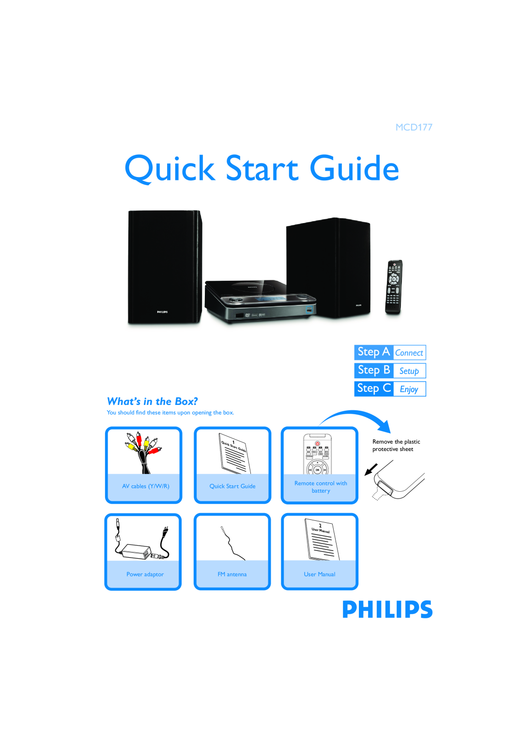 Philips MCD177 quick start What’s in the Box?, You should find these items upon opening the box, AV cables Y/W/R, Guide 