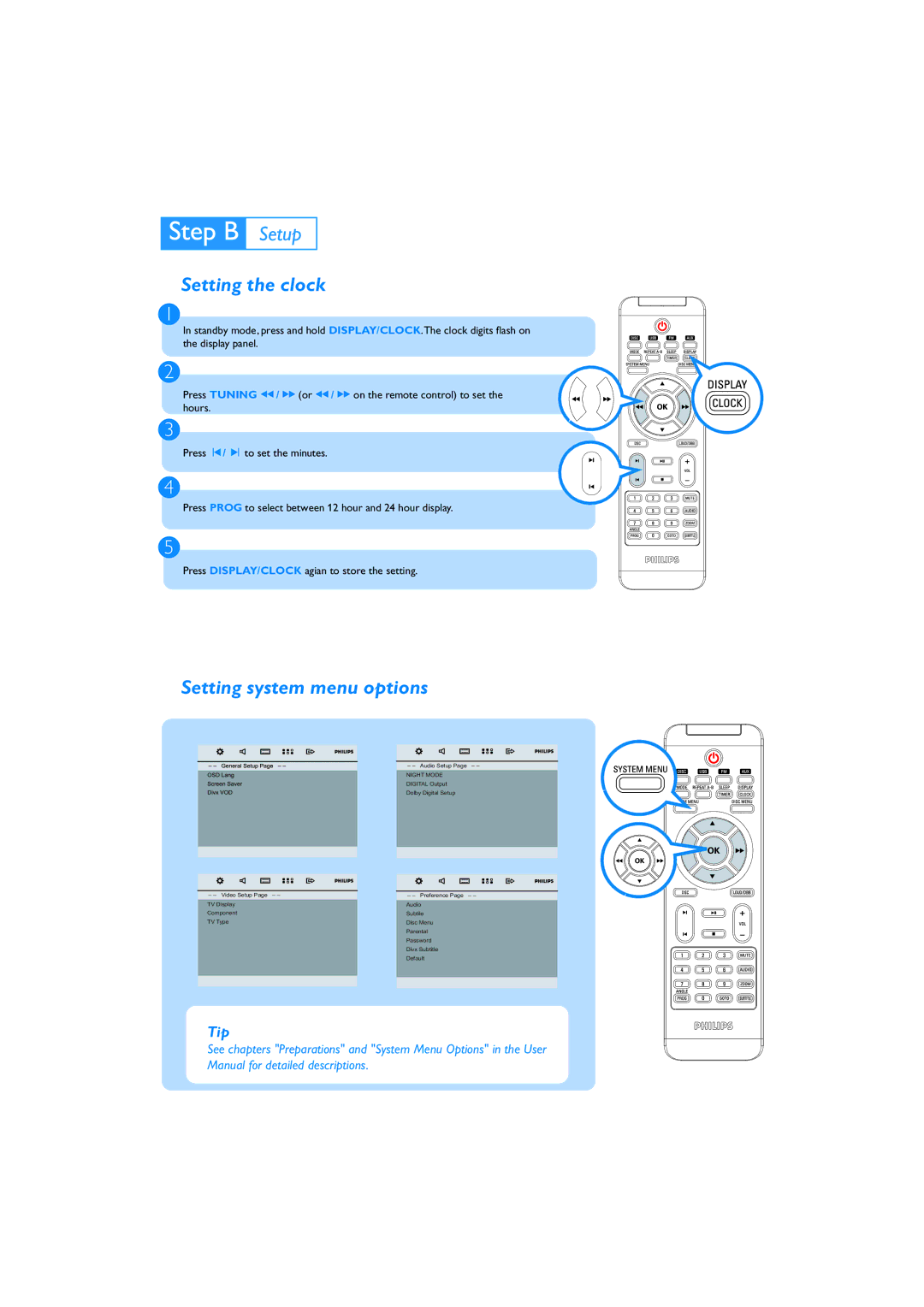 Philips MCD177/12 quick start Setting the clock, Setting system menu options 