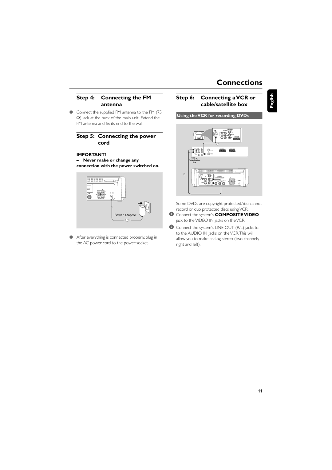 Philips PDCC-ZYL-0811 manual Connecting the FM antenna, Connecting the power cord, Connecting a VCR or cable/satellite box 