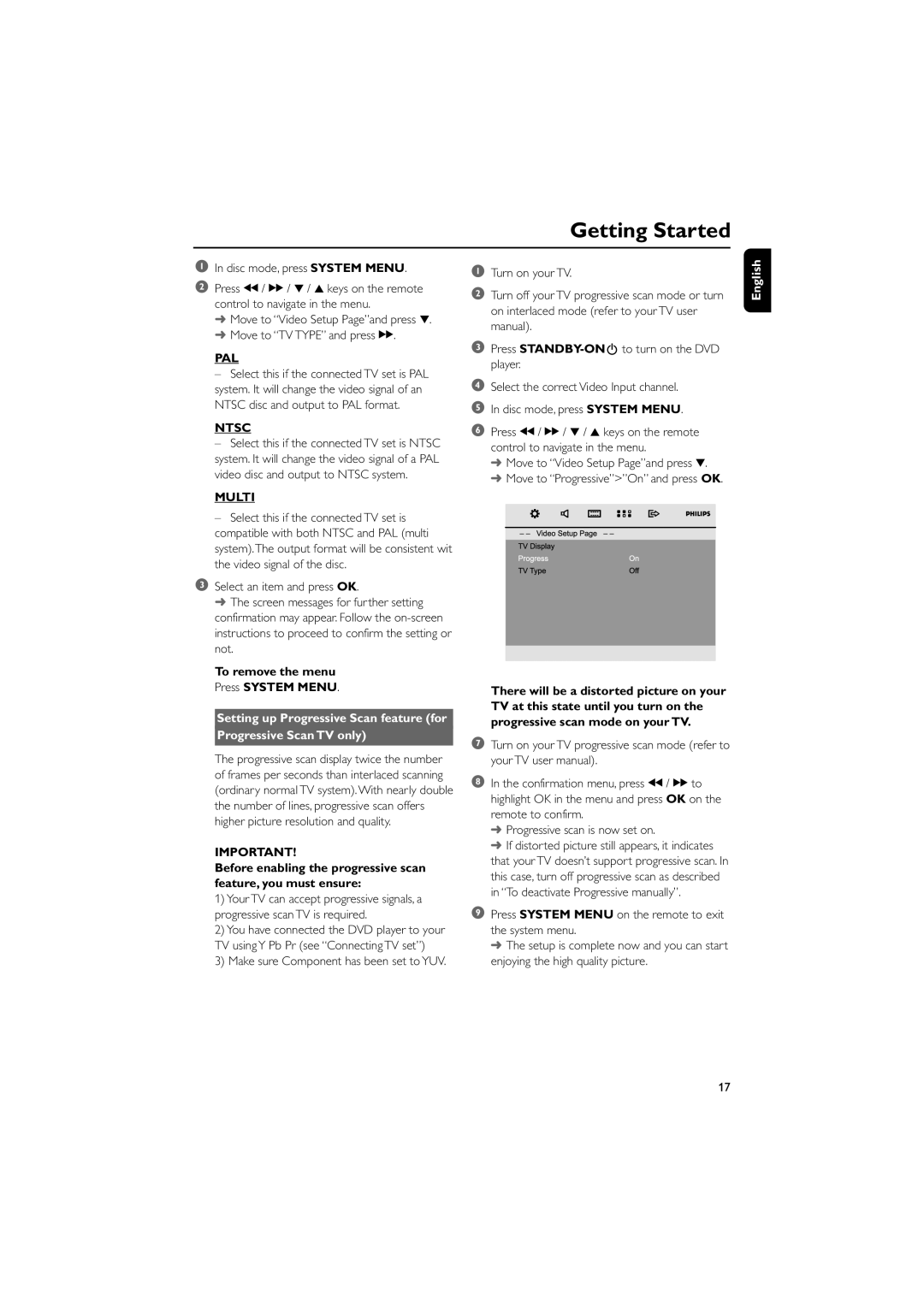 Philips PDCC-ZYL-0811, MCD179/58 manual Pal, Ntsc, Multi, To remove the menu Press System Menu, Progressive Scan TV only 