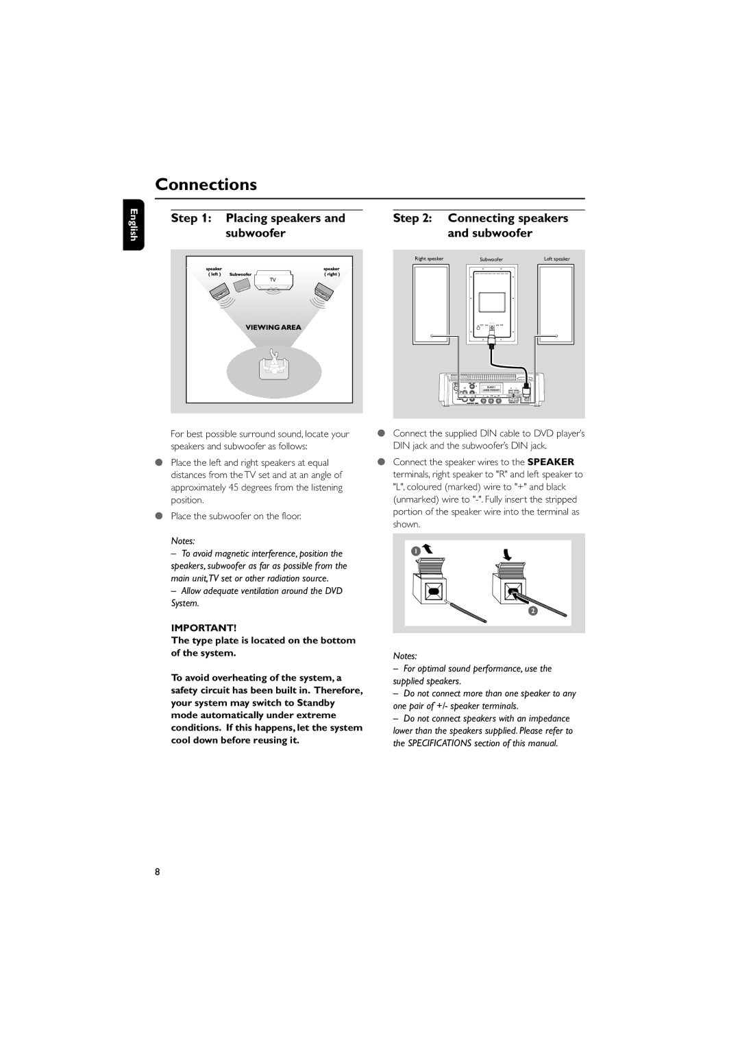 Philips MCD179/58, PDCC-ZYL-0811 manual Connections, Placing speakers and subwoofer, Connecting speakers and subwoofer 