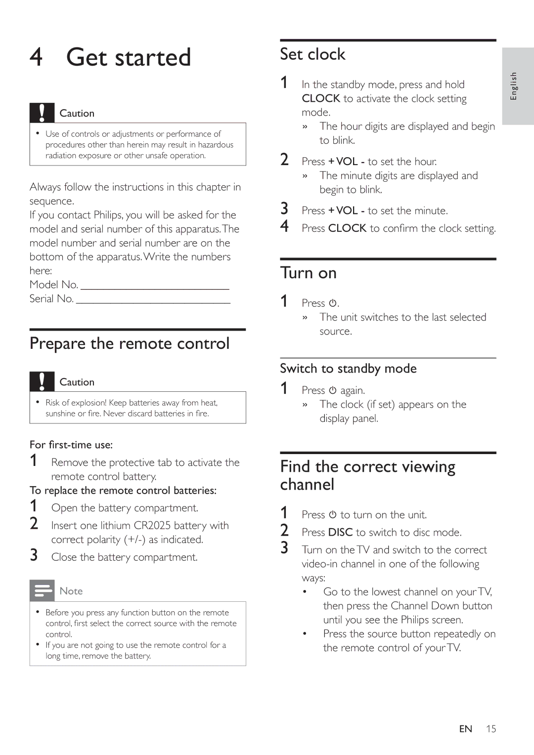 Philips MCD183 user manual Get started, Prepare the remote control, Set clock, Turn on, Find the correct viewing channel 