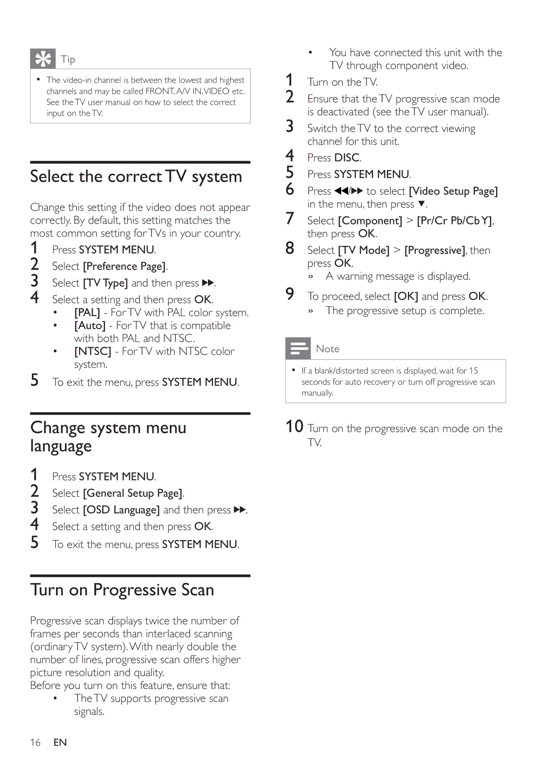 Philips MCD183 user manual Select the correct TV system, Change system menu language, Turn on Progressive Scan 