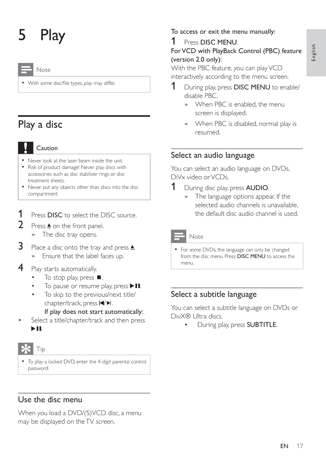 Philips MCD183 user manual Play a disc, Use the disc menu, Select an audio language, Select a subtitle language 