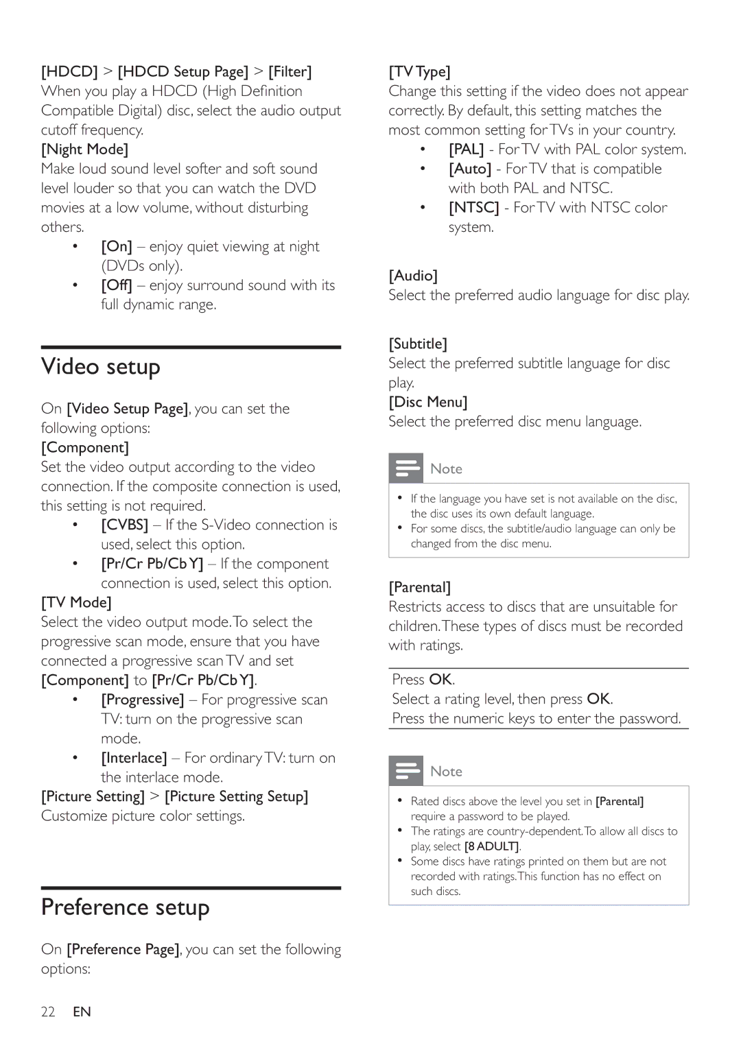 Philips MCD183 user manual Video setup, Preference setup, TV Mode 