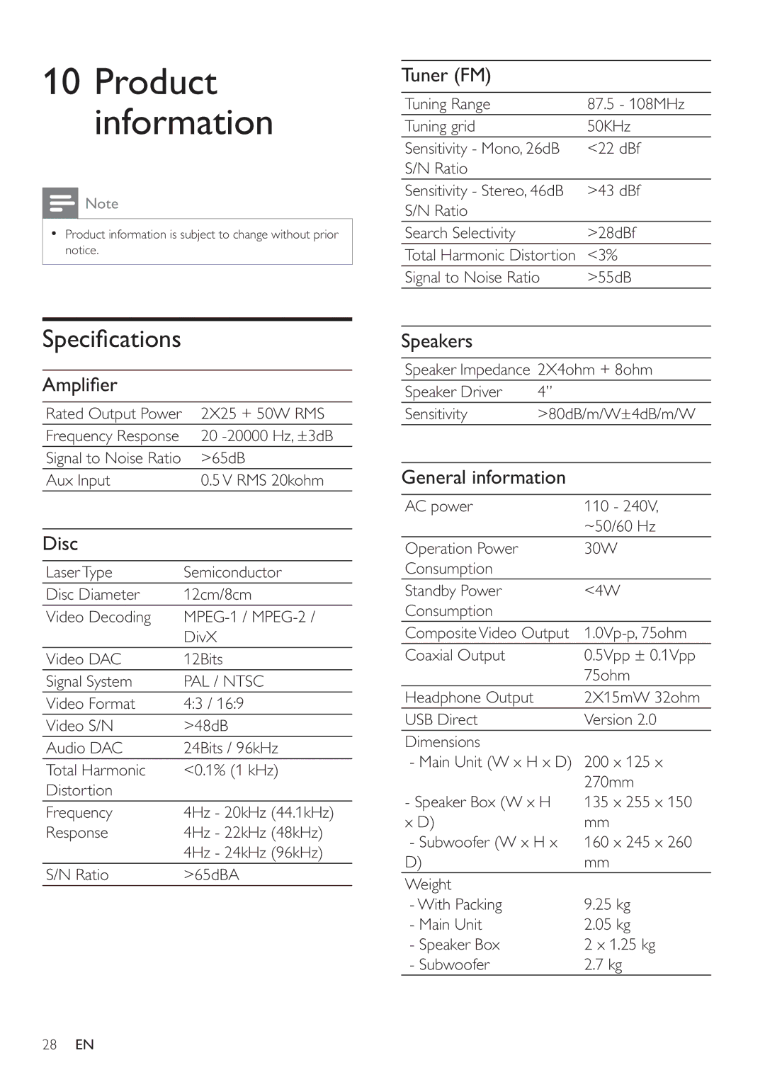 Philips MCD183 user manual Speciﬁ cations 