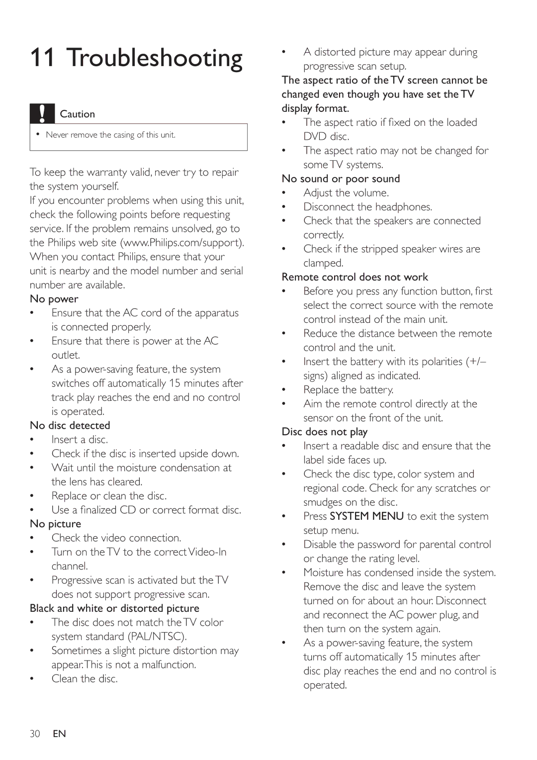 Philips MCD183 user manual Troubleshooting, Black and white or distorted picture 