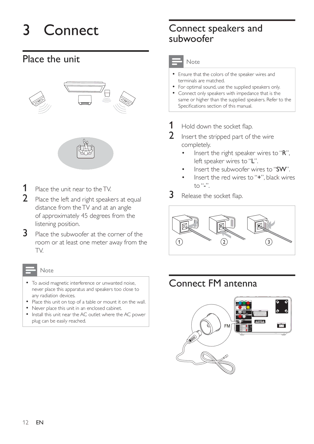 Philips MCD183/55 user manual Place the unit, Connect speakers and subwoofer, Connect FM antenna 