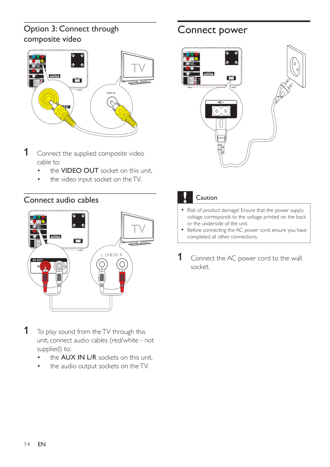 Philips MCD183/55 user manual Connect power, Option 3 Connect through composite video, Connect audio cables 