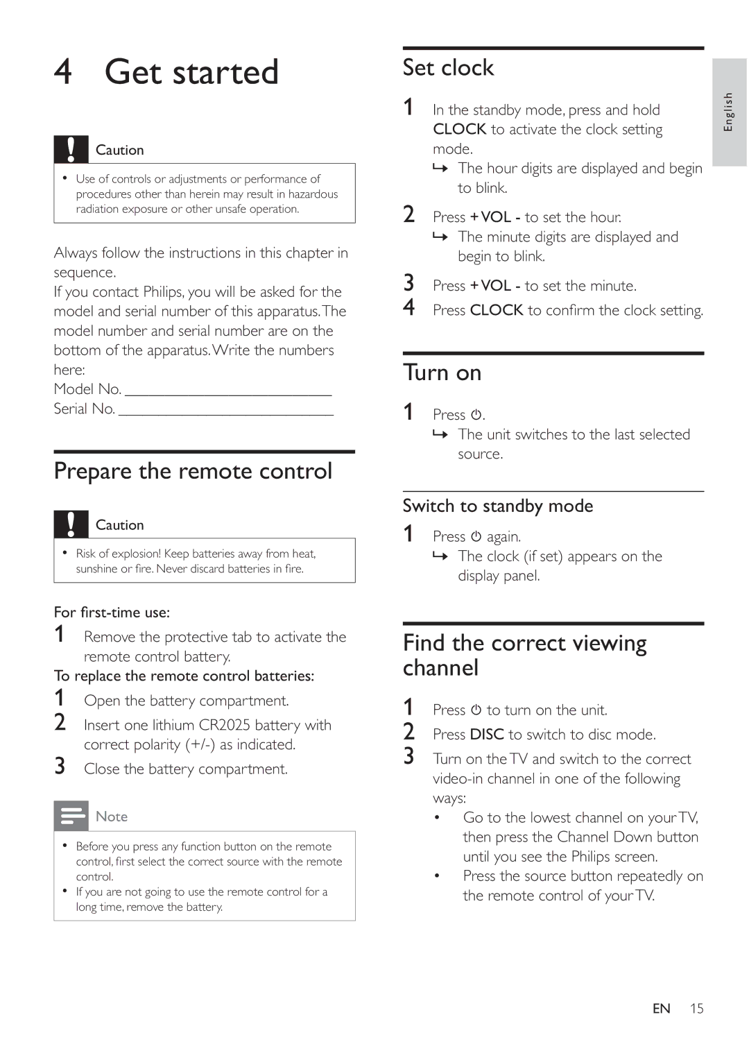 Philips MCD183/55 user manual Get started, Prepare the remote control, Set clock, Turn on, Find the correct viewing channel 