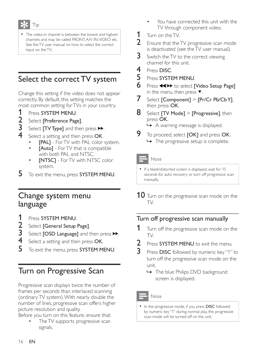 Philips MCD183/55 user manual Select the correct TV system, Change system menu language, Turn on Progressive Scan 