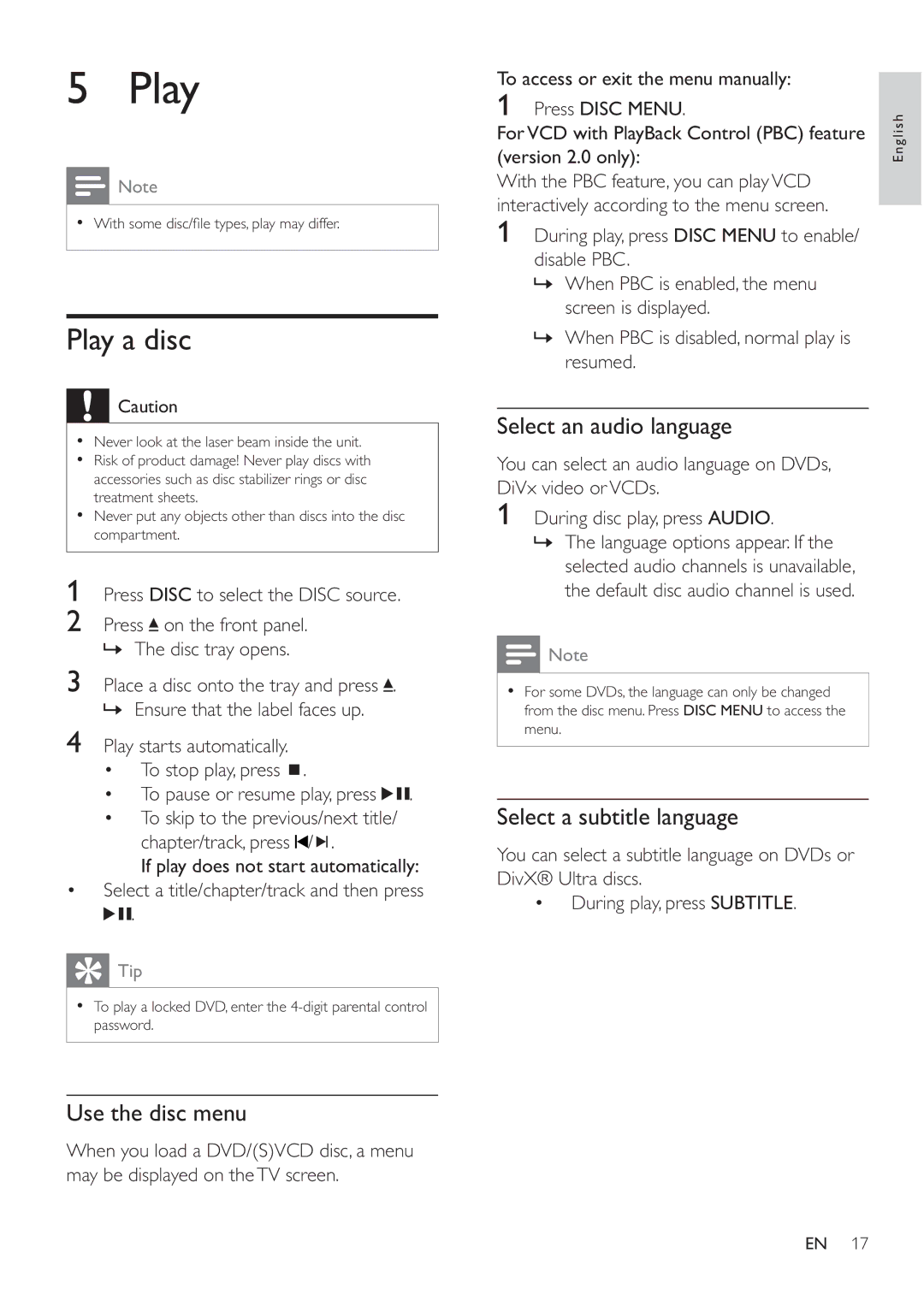 Philips MCD183/55 user manual Play a disc, Use the disc menu, Select an audio language, Select a subtitle language 