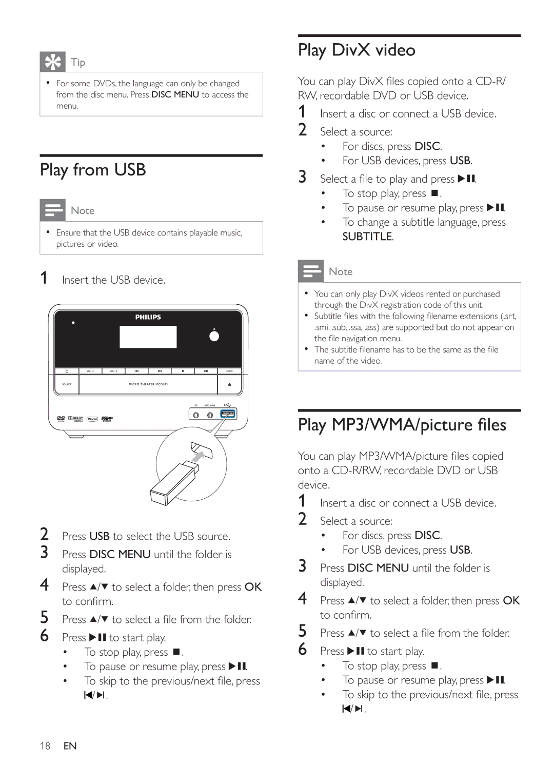 Philips MCD183/55 user manual Play from USB, Play DivX video, Play MP3/WMA/picture ﬁ les, Insert the USB device 