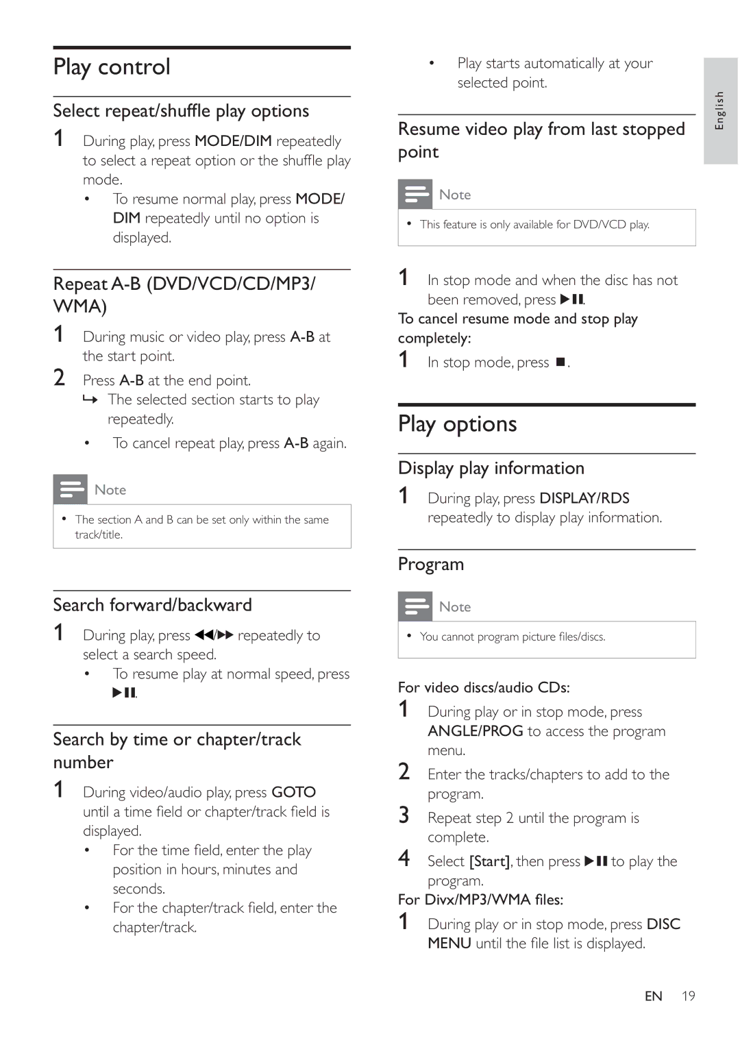 Philips MCD183/55 user manual Play control, Play options 