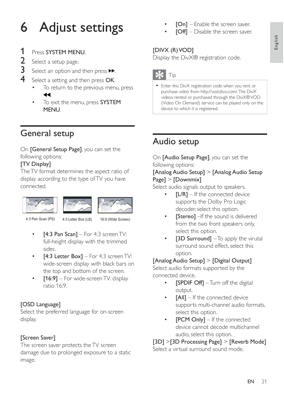 Philips MCD183/55 user manual Adjust settings, General setup, Audio setup, Display the DivX registration code 