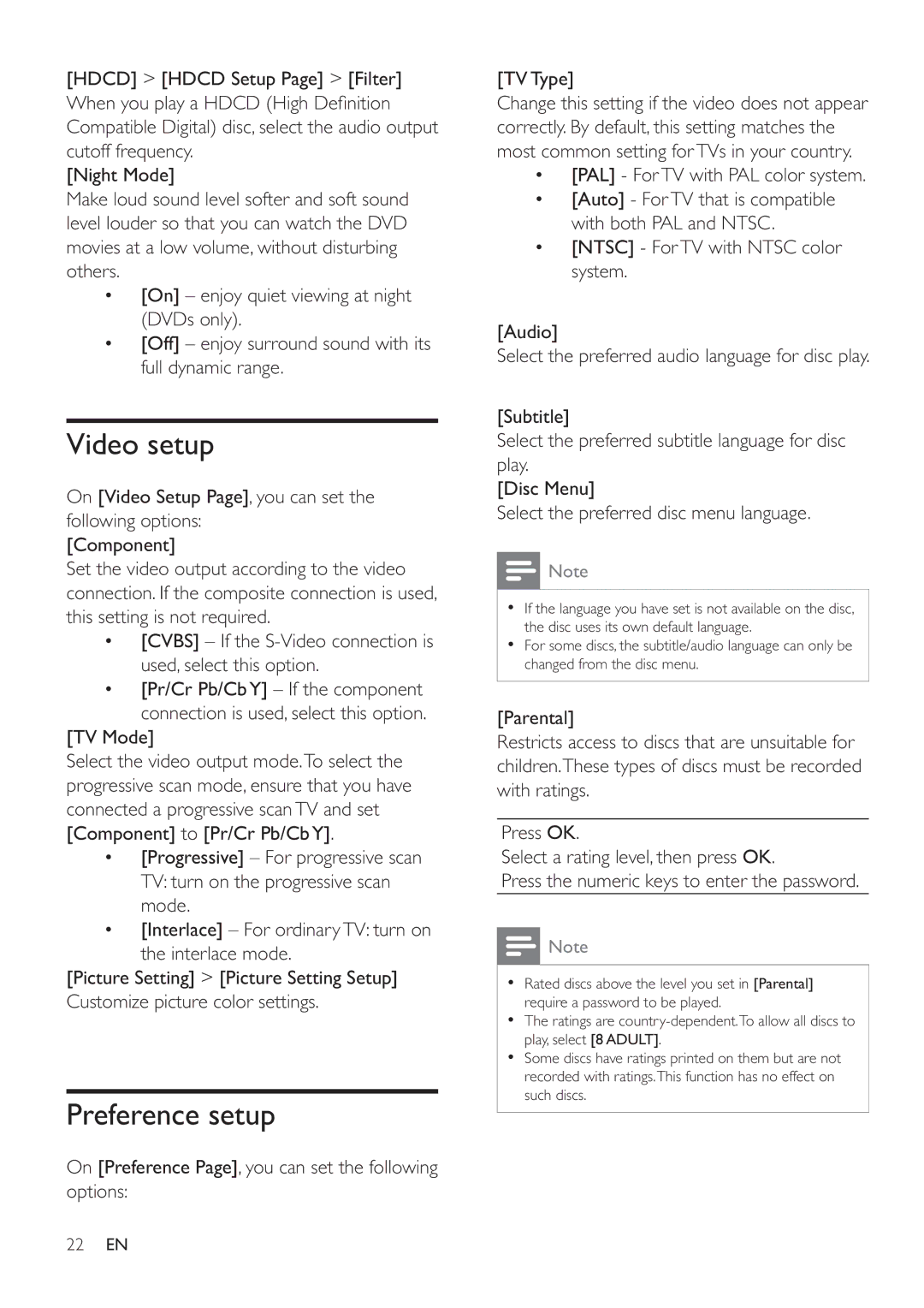 Philips MCD183/55 user manual Video setup, Preference setup, TV Mode, PAL For TV with PAL color system 