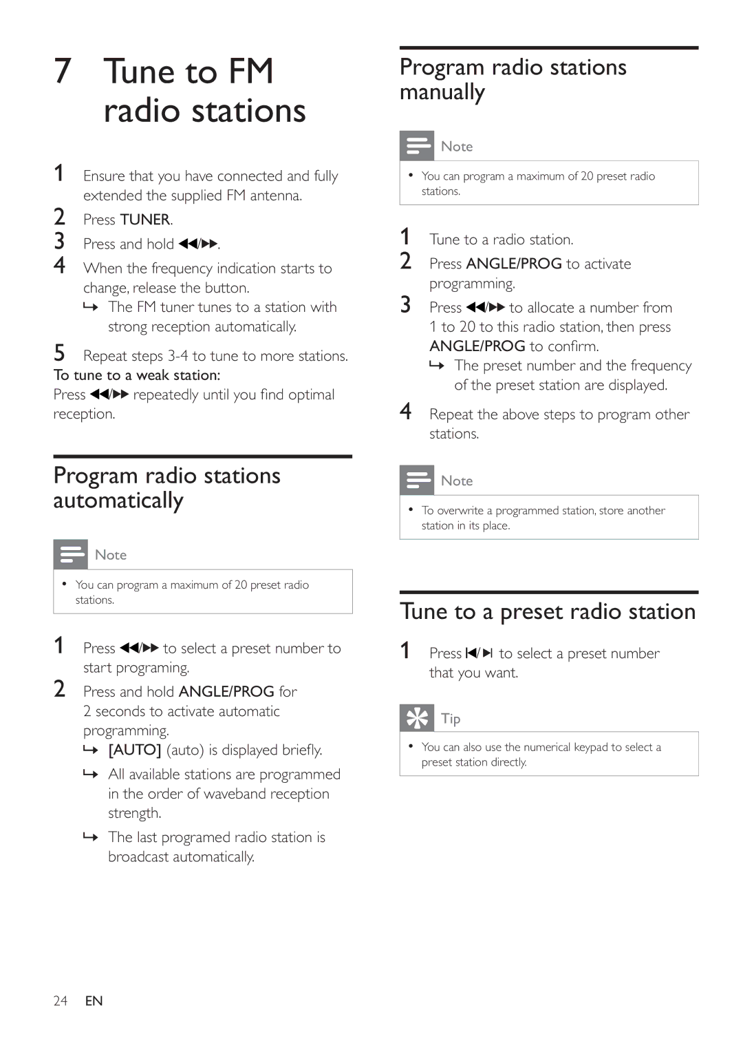 Philips MCD183/55 Program radio stations automatically, Program radio stations manually, Tune to a preset radio station 