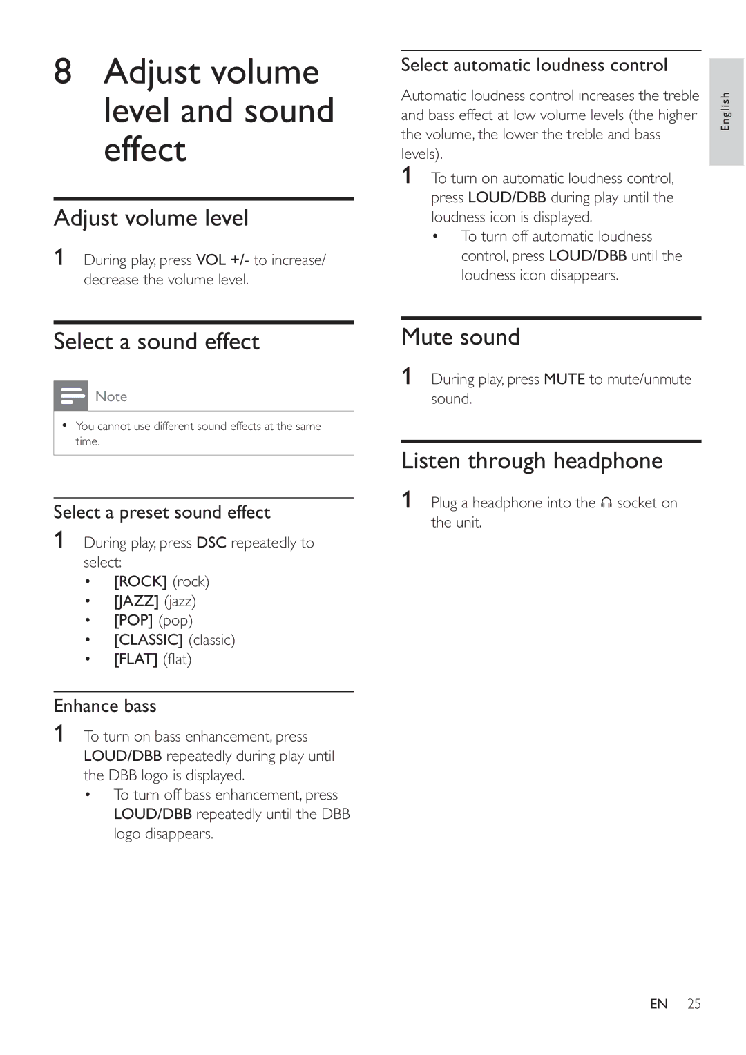 Philips MCD183/55 Adjust volume level and sound effect, Select a sound effect, Mute sound, Listen through headphone 