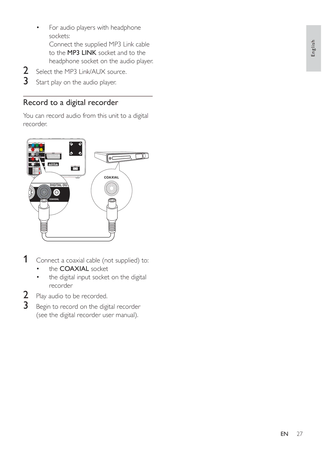 Philips MCD183/55 user manual Record to a digital recorder, For audio players with headphone sockets 