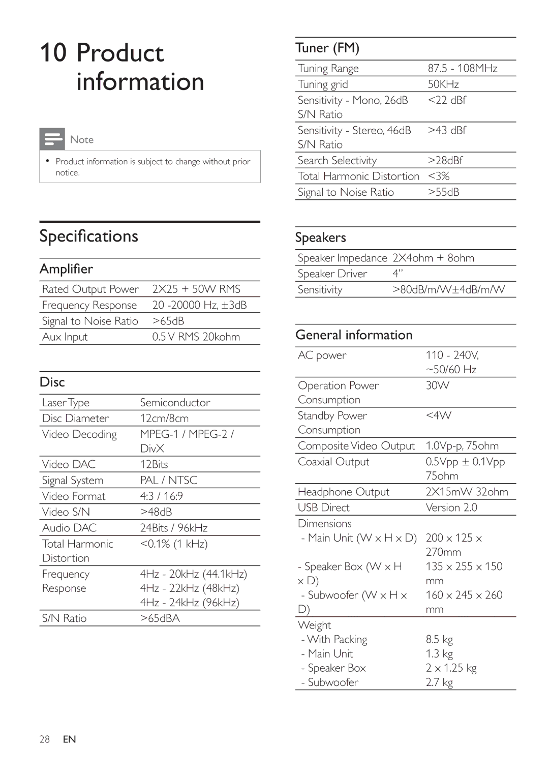 Philips MCD183/55 user manual Speciﬁ cations 