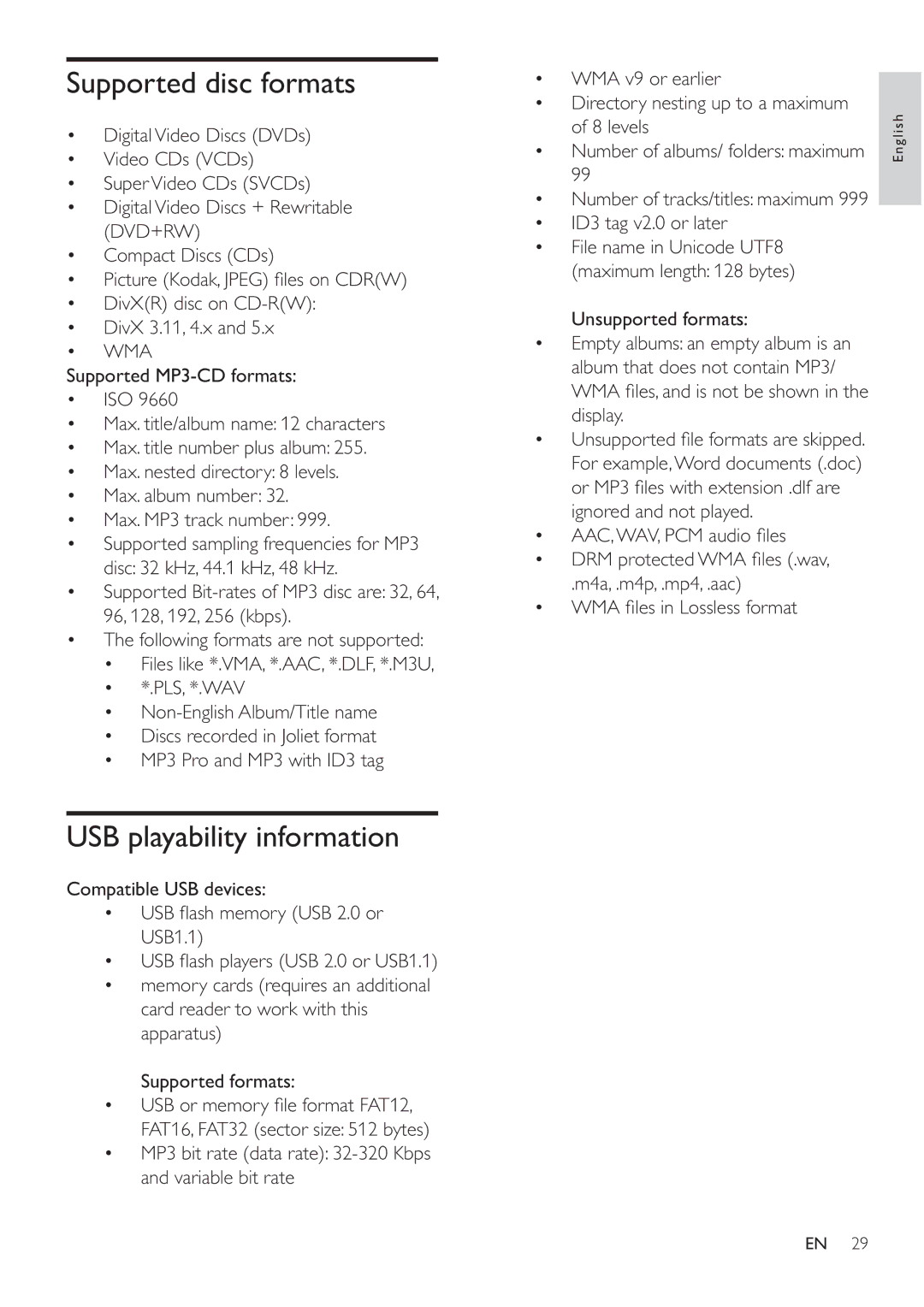 Philips MCD183/55 user manual Supported disc formats, USB playability information 