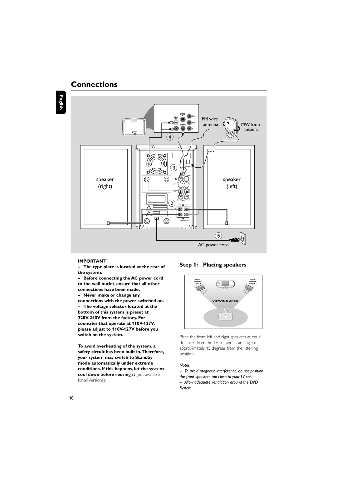 Philips MCD190/55 manual Connections, Placing speakers, Type plate is located at the rear of the system 