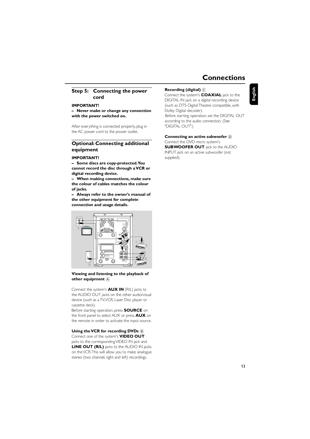 Philips MCD190/55 manual Connecting the power cord, Optional Connecting additional equipment 