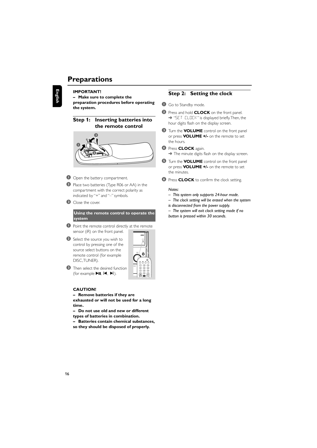 Philips MCD190/55 Preparations, Inserting batteries into the remote control, Open the battery compartment, Close the cover 